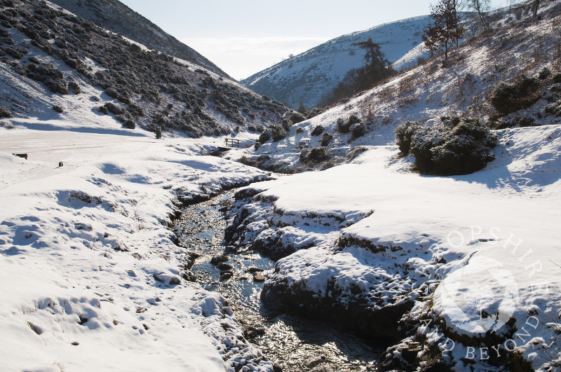 Winter snow in Carding Mill Valley, near Church Stretton, Shropshire, England.