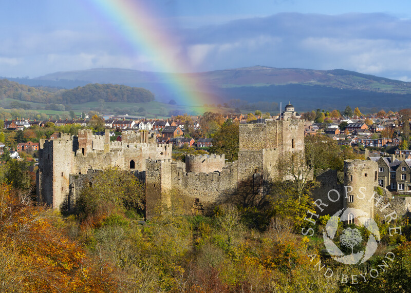 Rainbow over Ludlow Castle, seen from Whitcliffe Common, Shropshire.