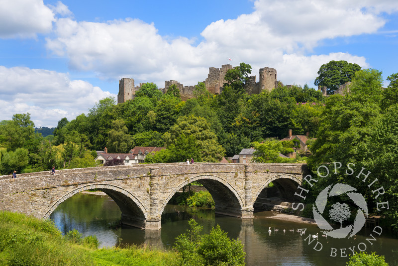 Ludlow Castle overlooks Dinham Bridge and the River Teme, Shropshire.