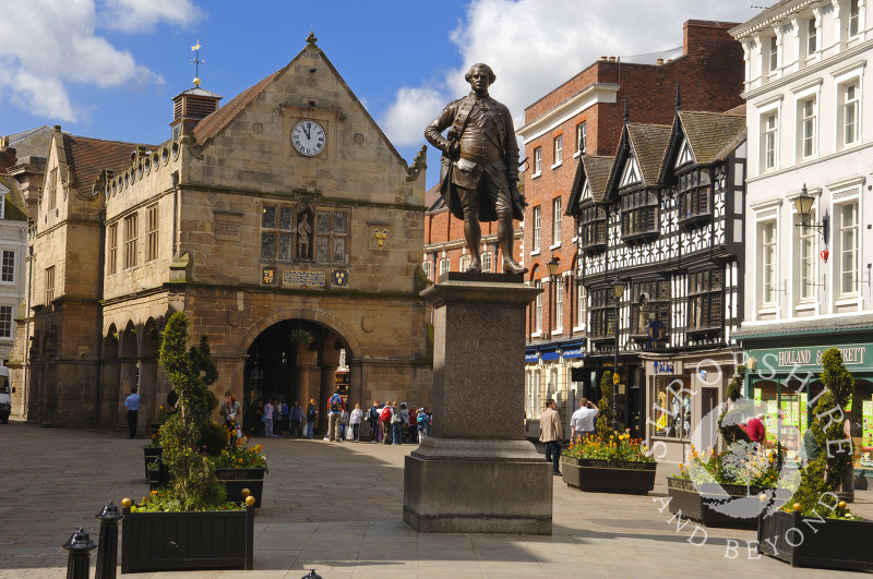 The Clive of India statue and the Old Market Hall in the Square, Shrewsbury, Shropshire, England.