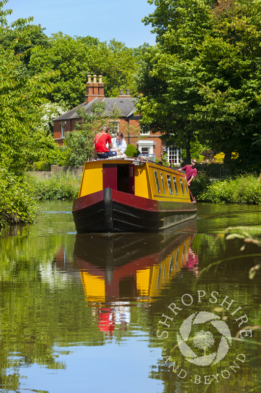 A narrowboat on the Llangollen Canal in Shropshire near Chirk, England.