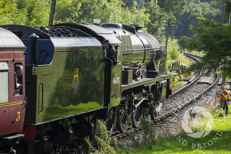 Royal Scot steam locomotive No. 46100 leaving Highley Station, Shropshire, during the Severn Valley Railway Autumn Steam Gala.