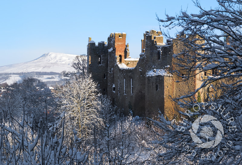 Winter at Ludlow Castle, Shropshire, with Titterstone Clee in the distance.