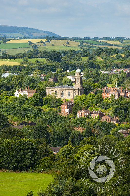 Bridgnorth and St Mary's Church, seen from Queen's Parlour, with the Brown Clee hill in the background, Shropshire, England.