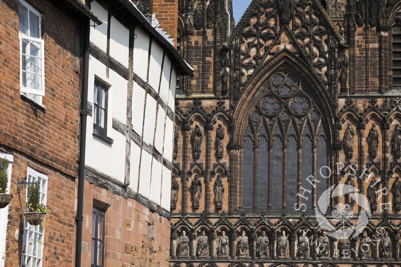 Lichfield Cathedral seen from The Close, Lichfield, Staffordshire, England.