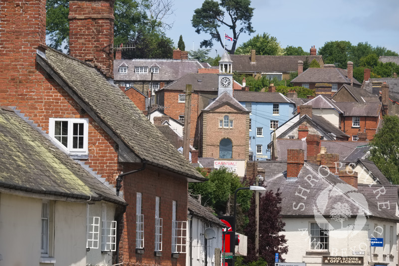 The Town Hall seen above the rooftops in Bishop's Castle, Shropshire.