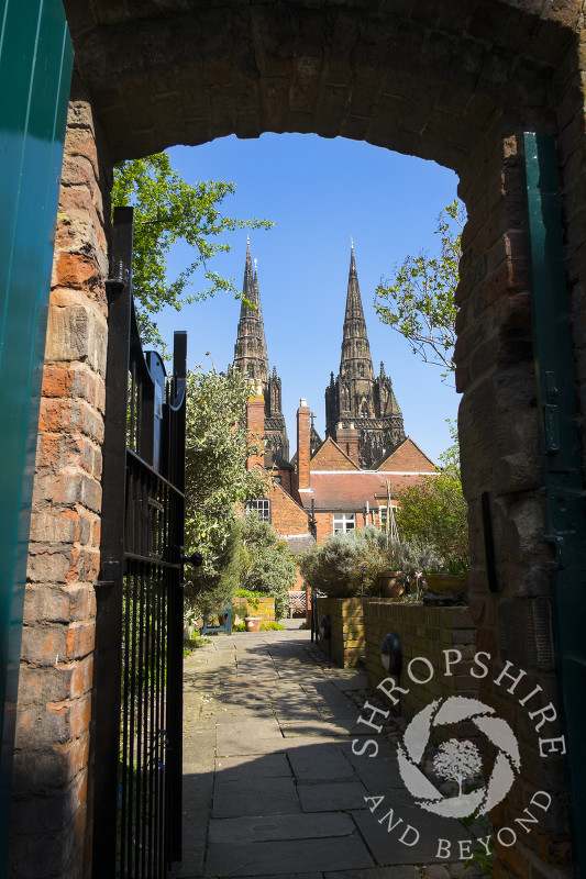 The view of Lichfield Cathedral from Erasmus Darwin House, Staffordshire, England.