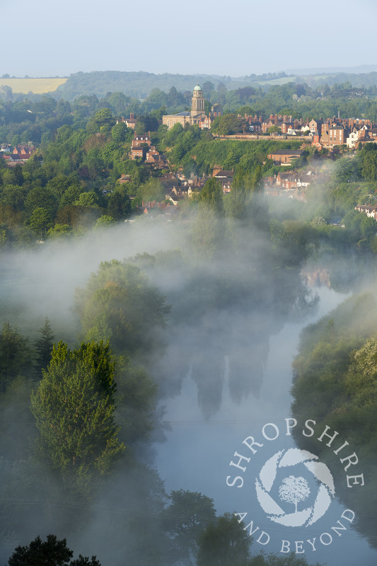 Early morning mist over the River Severn and Bridgnorth, Shropshire.