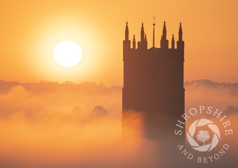 St Laurence's Church tower at sunrise, Ludlow, Shropshire.