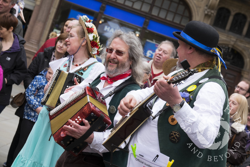 Musicians with Shrewsbury Morris perform in the Square during the Big Busk, Shrewsbury, Shropshire, England.
