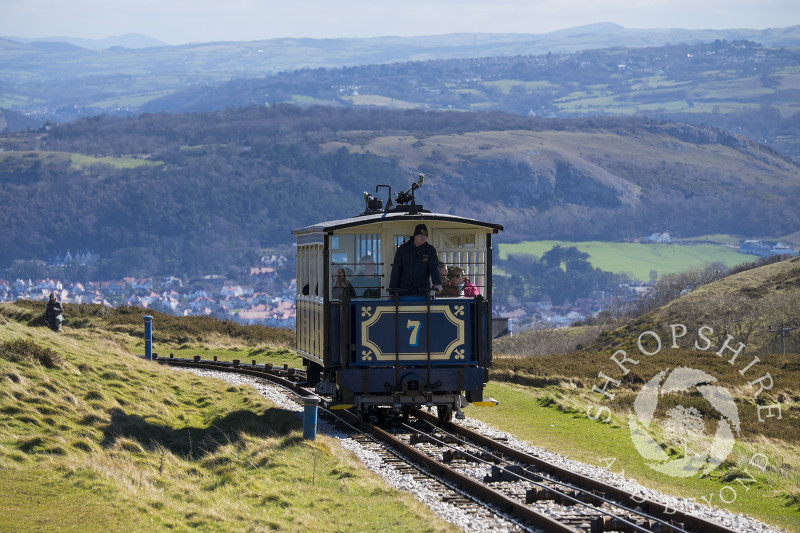 The Great Orme Tramway, Britain's only cable-hauled public road tramway, in Llandudno, North Wales.