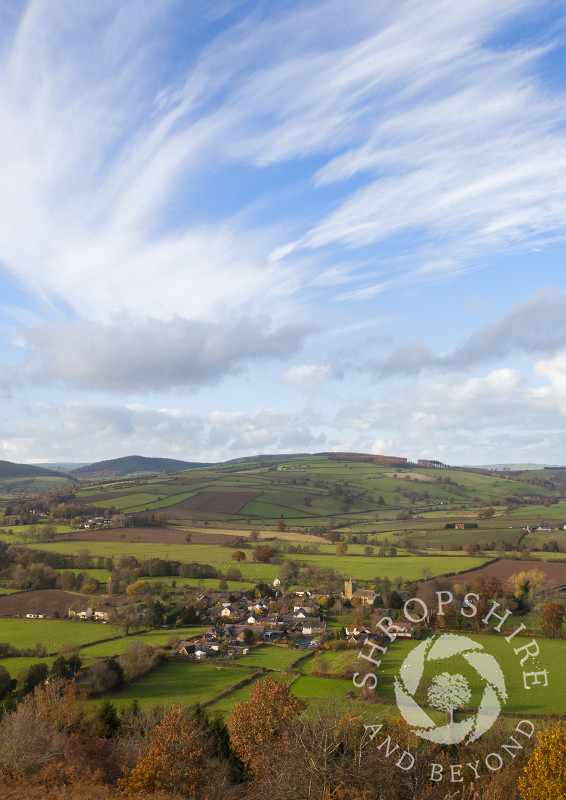 The village of Clunbury seen from Clunbury Hill, Shropshire.