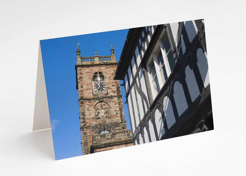 St Alkmund's Church and half-timbered building, Whitchurch, Shropshire.