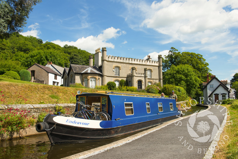 A narrowboat at the canal wharf in Llangollen, Denbighshire, Wales.