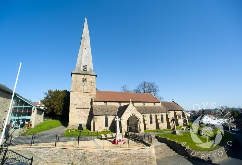 The crooked spire of St Mary's Church in Cleobury Mortimer, Shropshire, England.