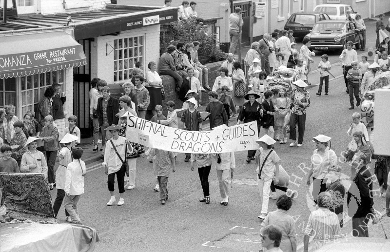 Shifnal Scouts and Guides take part in the carnival parade at Shifnal,  Shropshire, in June 1987.