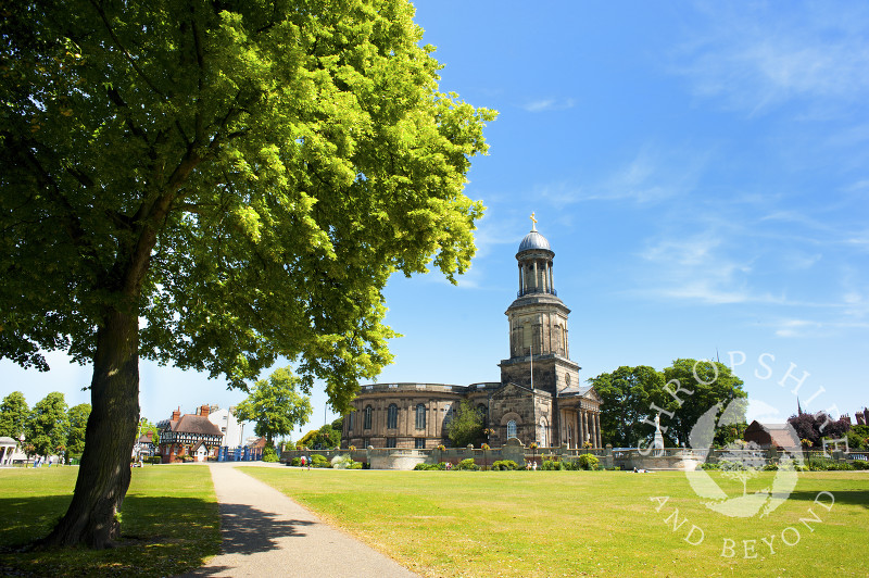 St Chad's Church seen from the Quarry in Shrewsbury, Shropshire, England.