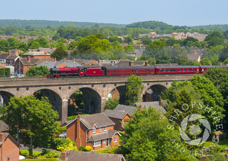 Galatea steam locomotive pulls the Cambrian Coast Express through Shifnal, Shropshire.