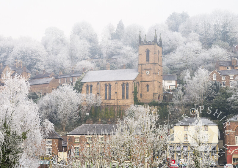 St Luke's Church surrounded by a hoar frost, Ironbridge, Shropshire.