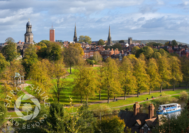 Shrewsbury in autumn, looking over the River Severn to the Quarry, Shropshire.