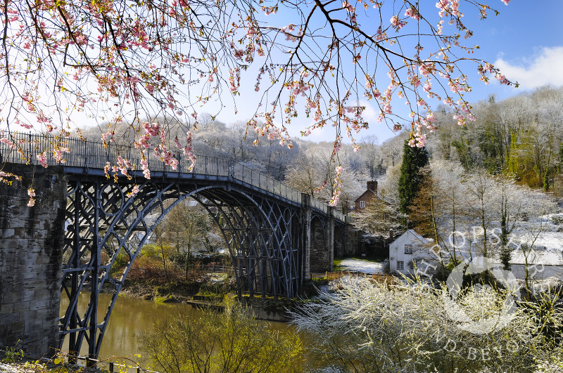 Spring blossom and snow at Ironbridge, Shropshire, England.