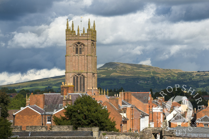 St Laurence's Church and Titterstone Clee, seen from Ludlow Castle, Shropshire.
