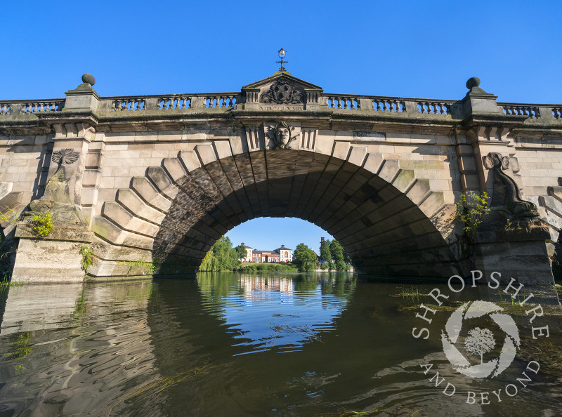 English Bridge seen from the River Severn in Shrewsbury, Shropshire.