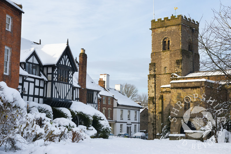 Holy Trinity Church and the Guildhall at Much Wenlock, Shropshire.