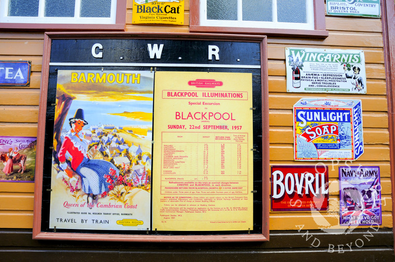 Vintage advertising signs on the platform at Hampton Loade Station, Severn Valley Railway, Shropshire, England.