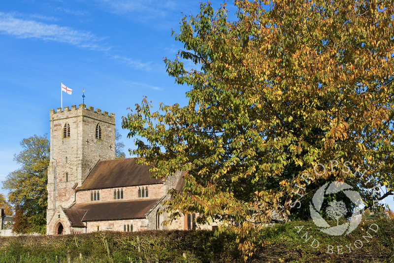 Autumn sunshine on St George's flag flying from the tower of St Gregory's Church at Moville, near Bridgnorth, Shropshire.