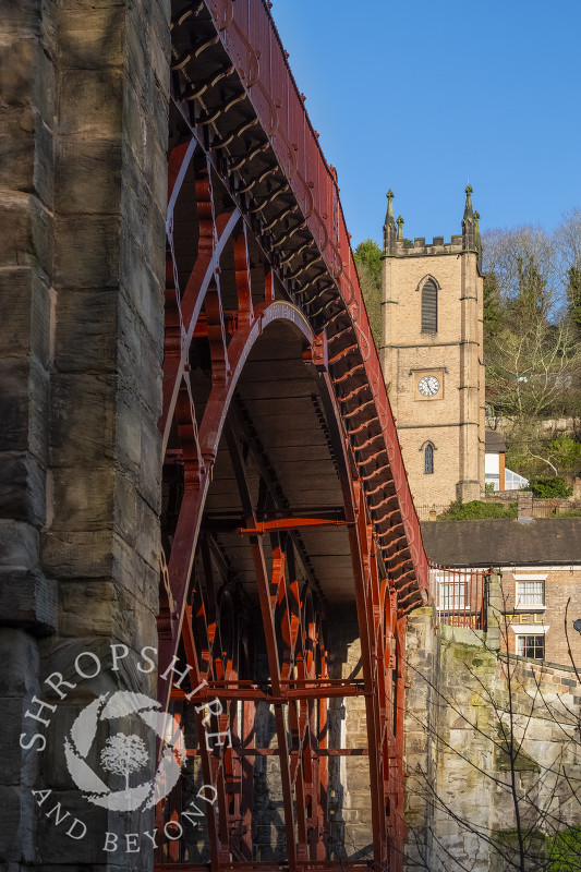 Winter sunlight on the Iron Bridge at Ironbridge, Shropshire.