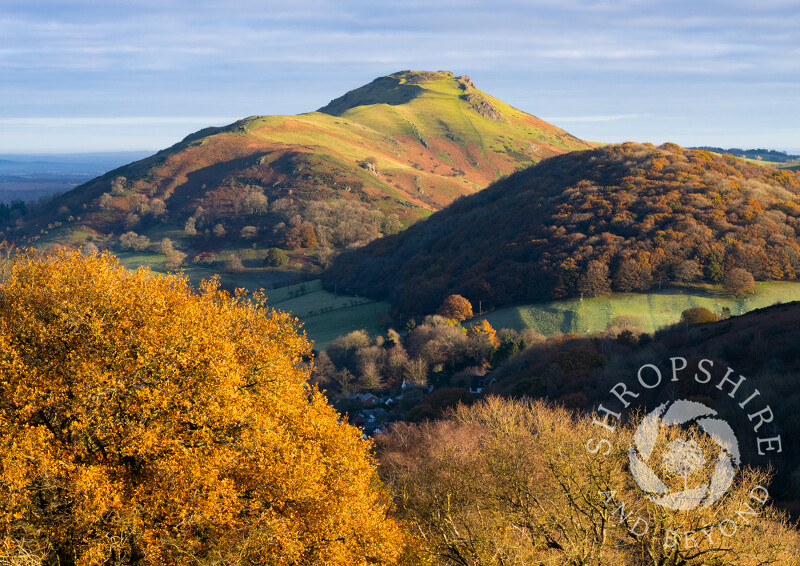 Caer Caradoc and Helmeth Hill seen from Ragleth Hill, Shropshire.