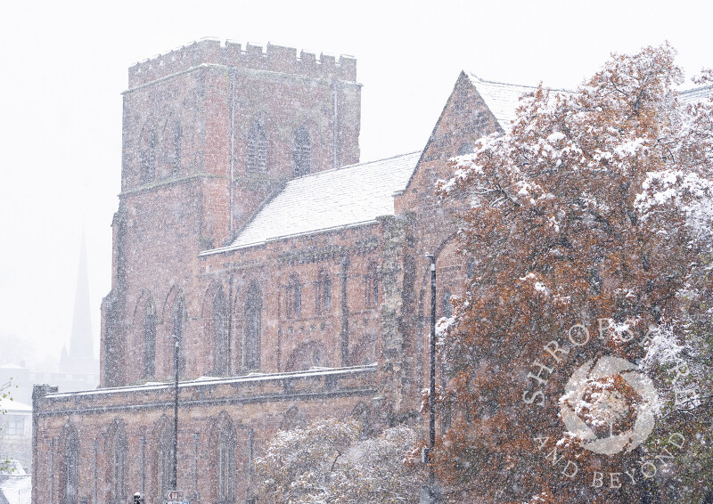 Shrewsbury Abbey in snow, Shropshire, England.