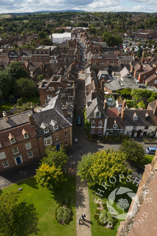 Looking down Church Street and Whitburn Street from the tower of St Leonard's Church, Bridgnorth, Shropshire.