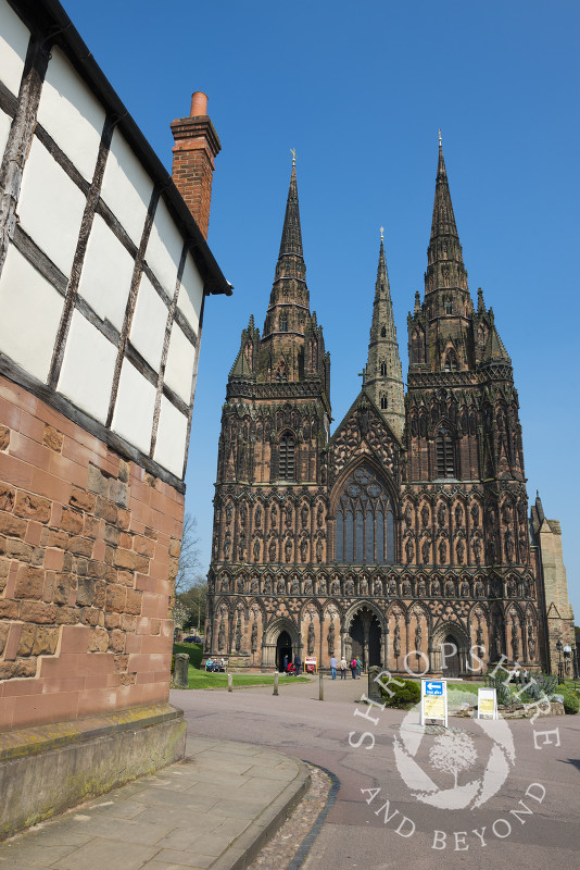 Lichfield Cathedral seen from the Close, Lichfield, Staffordshire, England.