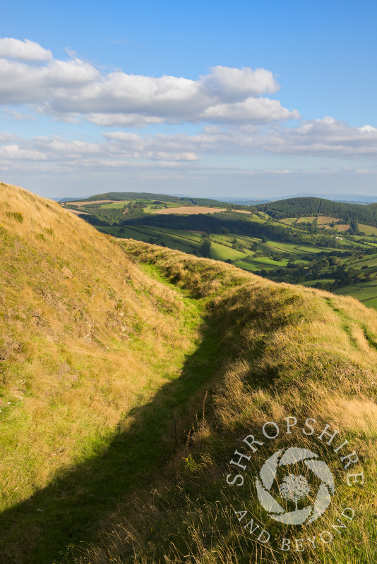 Autumn sunshine on Caer Caradoc Iron Age hill fort near Chapel Lawn, Clun, Shropshire, England.