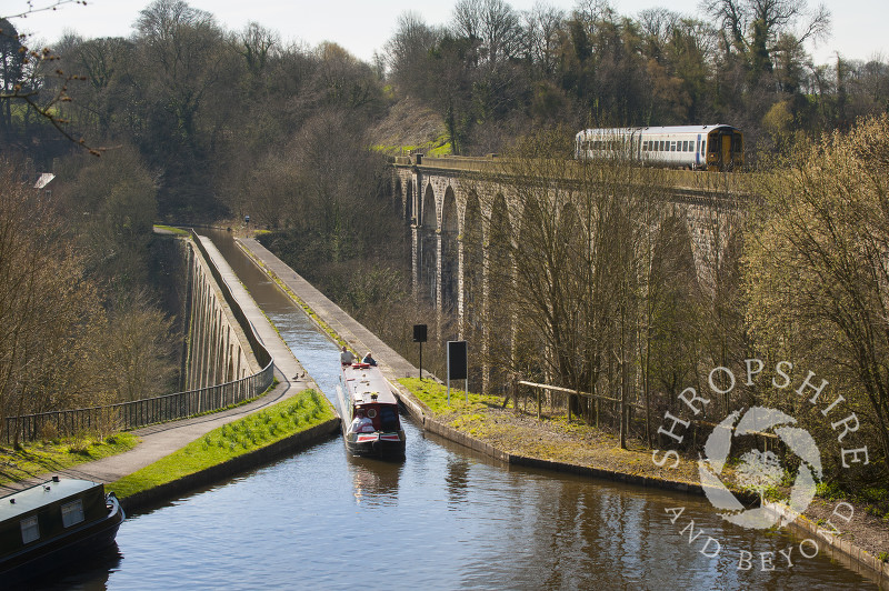 Narrowboats crossing Chirk Aqueduct, on the English/Welsh border.