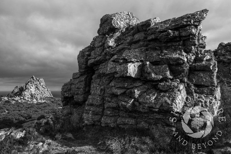 Black and whtie study of a rocky outcrop near the Devil's Chair on the Stiperstones, Shropshire.