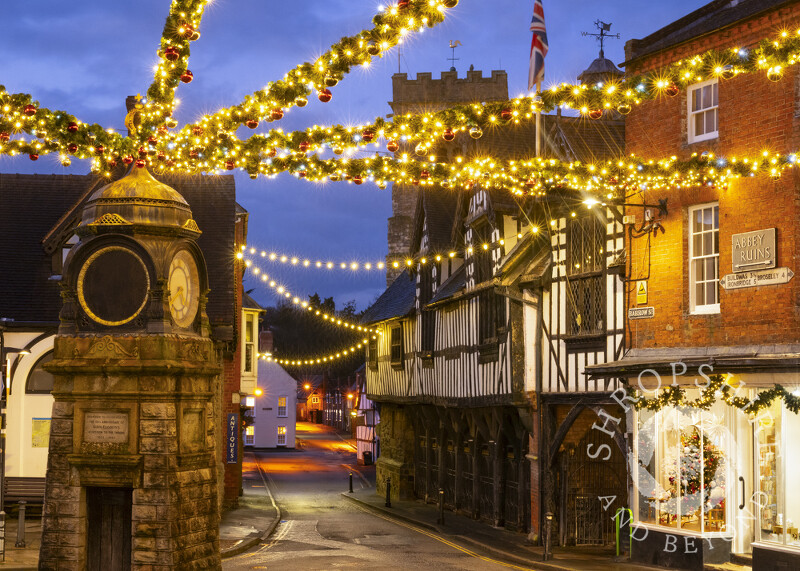 Christmas lights in the Square, Much Wenlock, Shropshire.