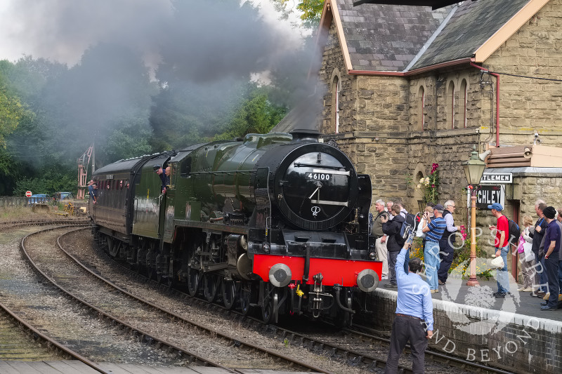 Royal Scot steam locomotive No. 46100 pulls into Highley Station, Shropshire, during the Severn Valley Railway Autumn Steam Gala.