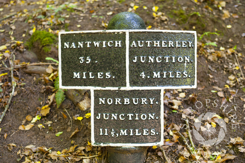 Cast iron milepost on the Shropshire Union Canal at Brewood, Staffordshire, England.