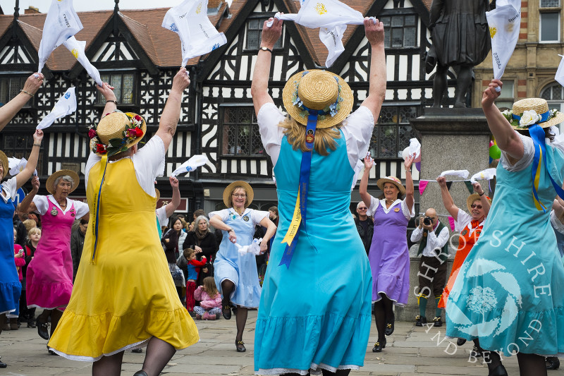 The Shrewsbury Lasses, part of Shrewsbury Morris, perform in the Square during the Big Busk, Shrewsbury, Shropshire, England.