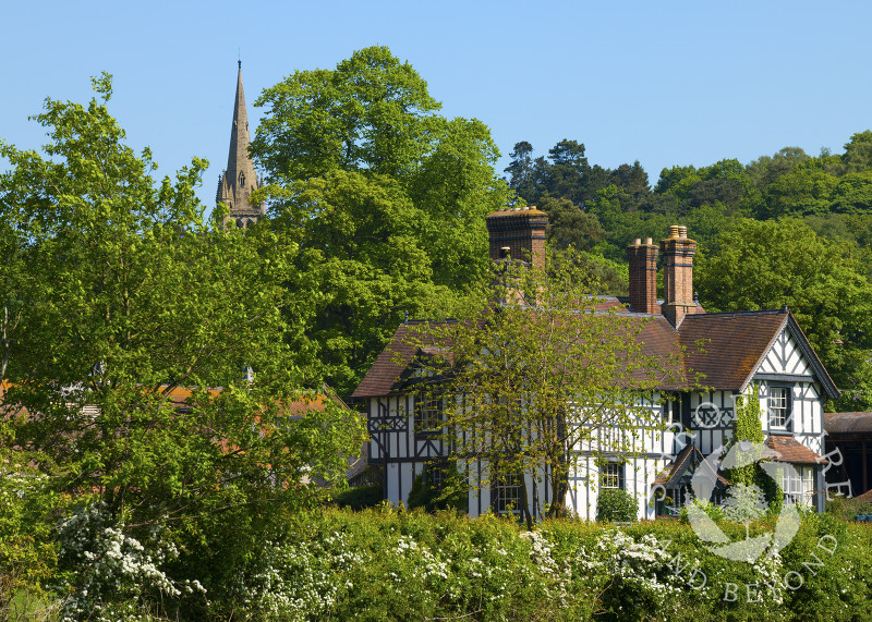 A black and white farmhouse at Clive, Shropshire, overlooked by the spire of All Saints' Church.