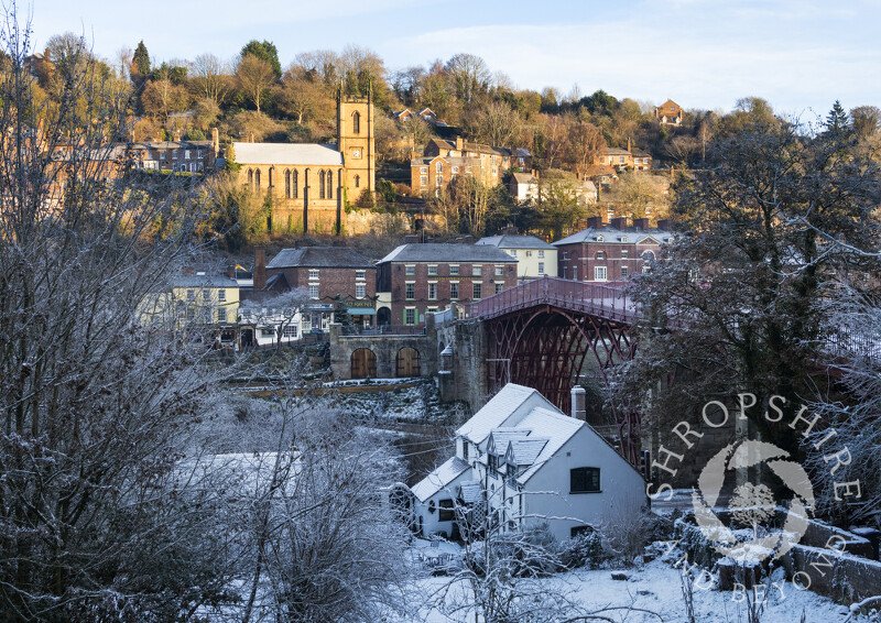 Early morning in Ironbridge, Shropshire, with a layer of snow.