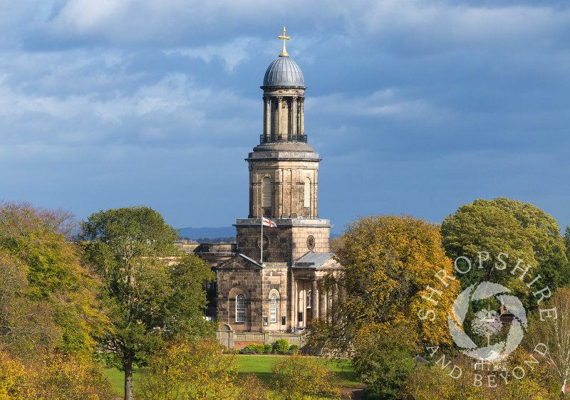 Autumn colour surrounds St Chad's Church, Shrewsbury, Shropshire.