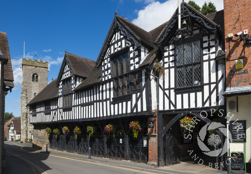 The Guildhall and Holy Trinity Church in Much Wenlock, Shropshire, England.