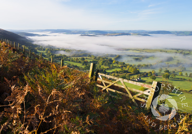 Mist over south Shropshire, seen from the Long Mynd, near Church Stretton, England.