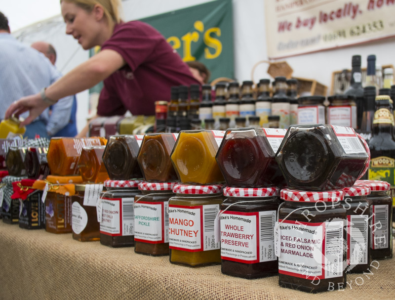 Jars of preserves for sale at Mike's Homemade stall, 2014 Ludlow Food Festival, Shropshire, England.
