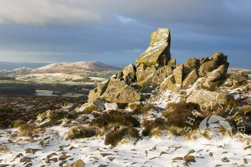 Snowy winter morning on the Stiperstones, Shropshire, with the sun highlighting Corndon Hill, Powys.