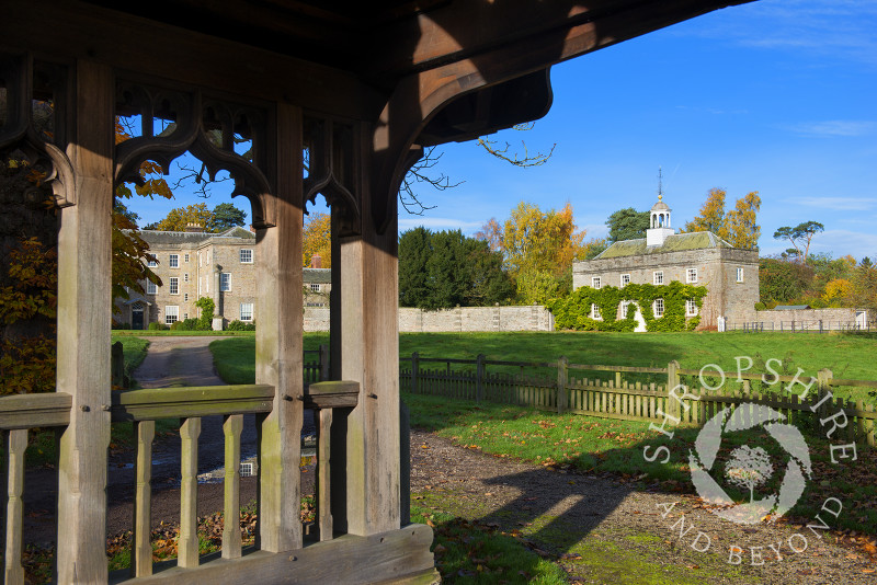 Autumn sunshine on 16th century Morville Hall and the Dower House, at Morville near Bridgnorth, Shropshire.